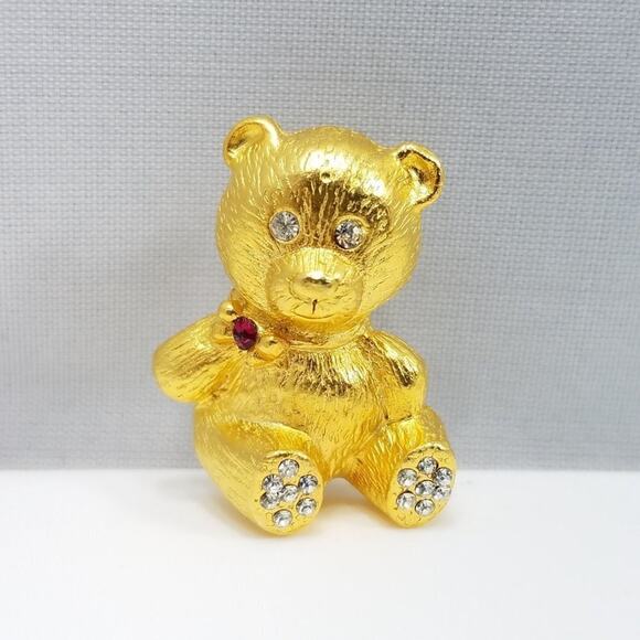Gold Tone Teddy Bear Brooch Rhinestones Red Bow Vintage Figural Pin - Picture 2 of 10